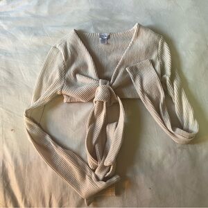 Cream Tie-Front Ribbed Sweater